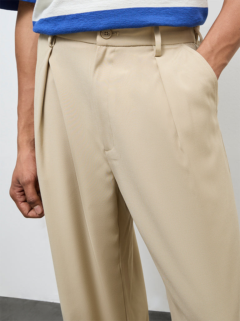 Nuon Beige Solid Relaxed-Fit Mid-Rise Trousers