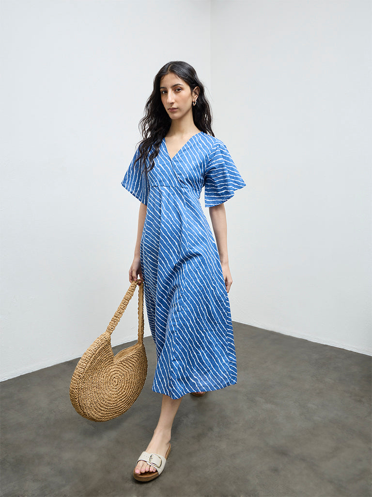 Bombay Paisley Blue Striped Cotton A-Line Dress