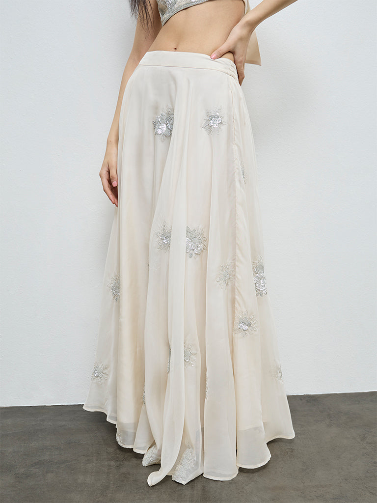Vark Off-White Floral Embellished Skirt