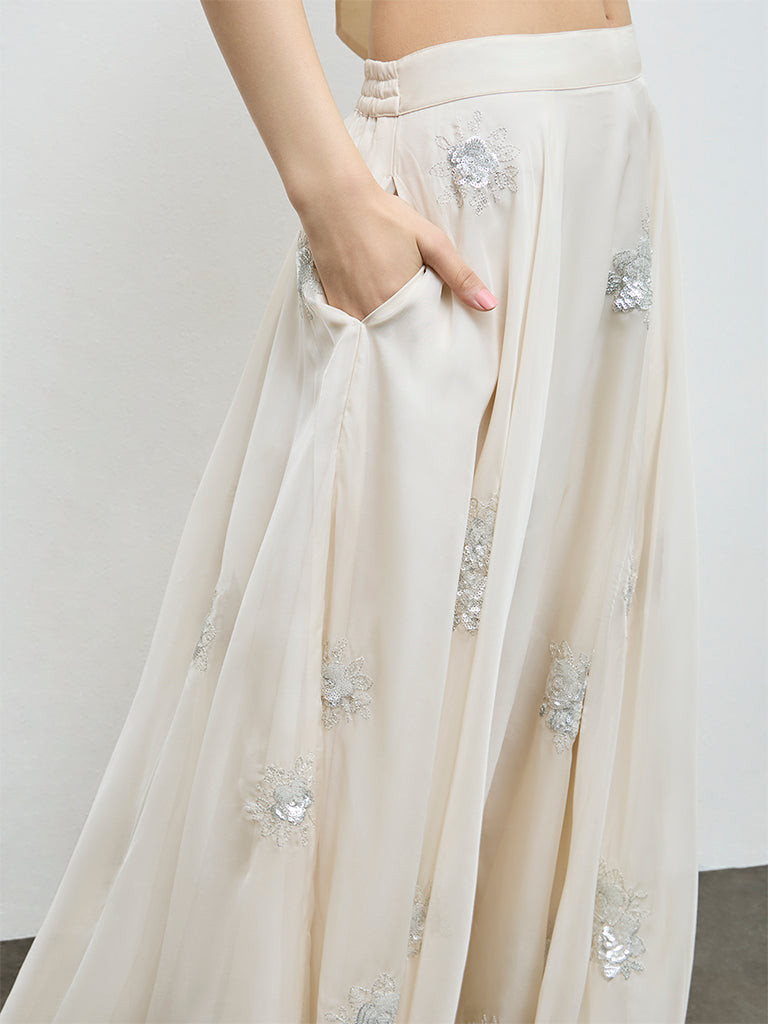 Vark Off-White Floral Embellished Skirt