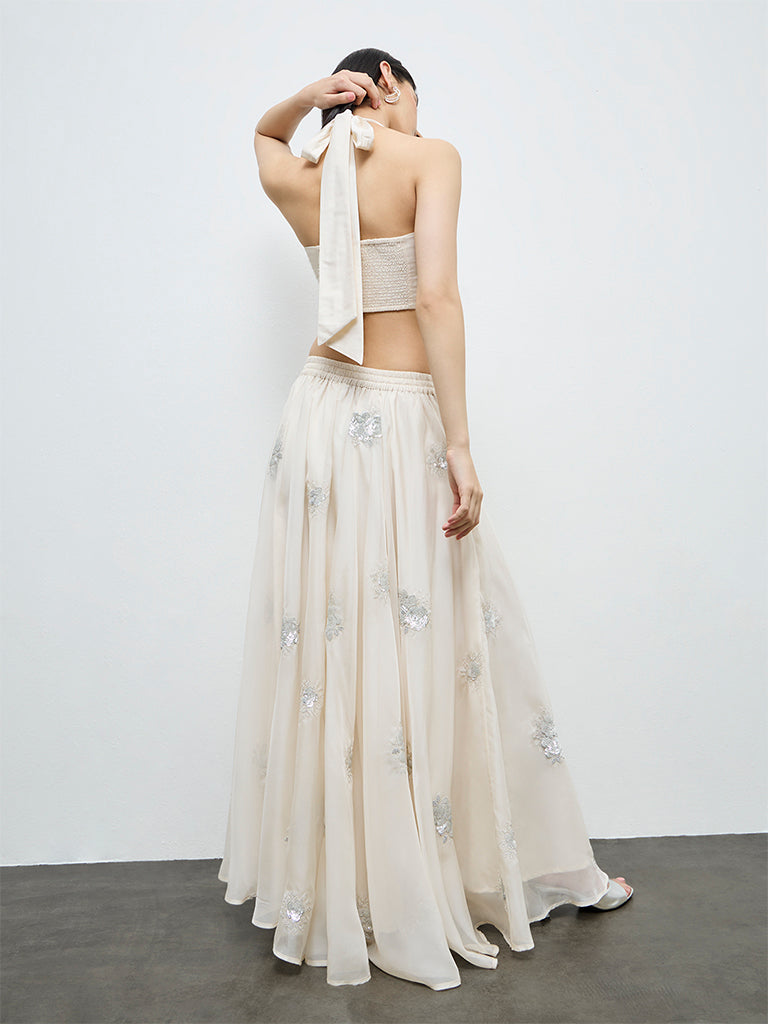 Vark Off-White Floral Embellished Skirt