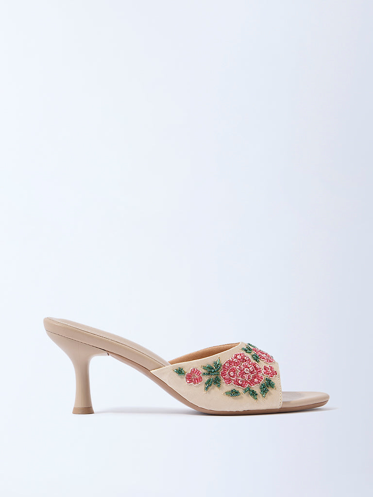 LUNA BLU Beige Floral Embroidered Heel Sandals