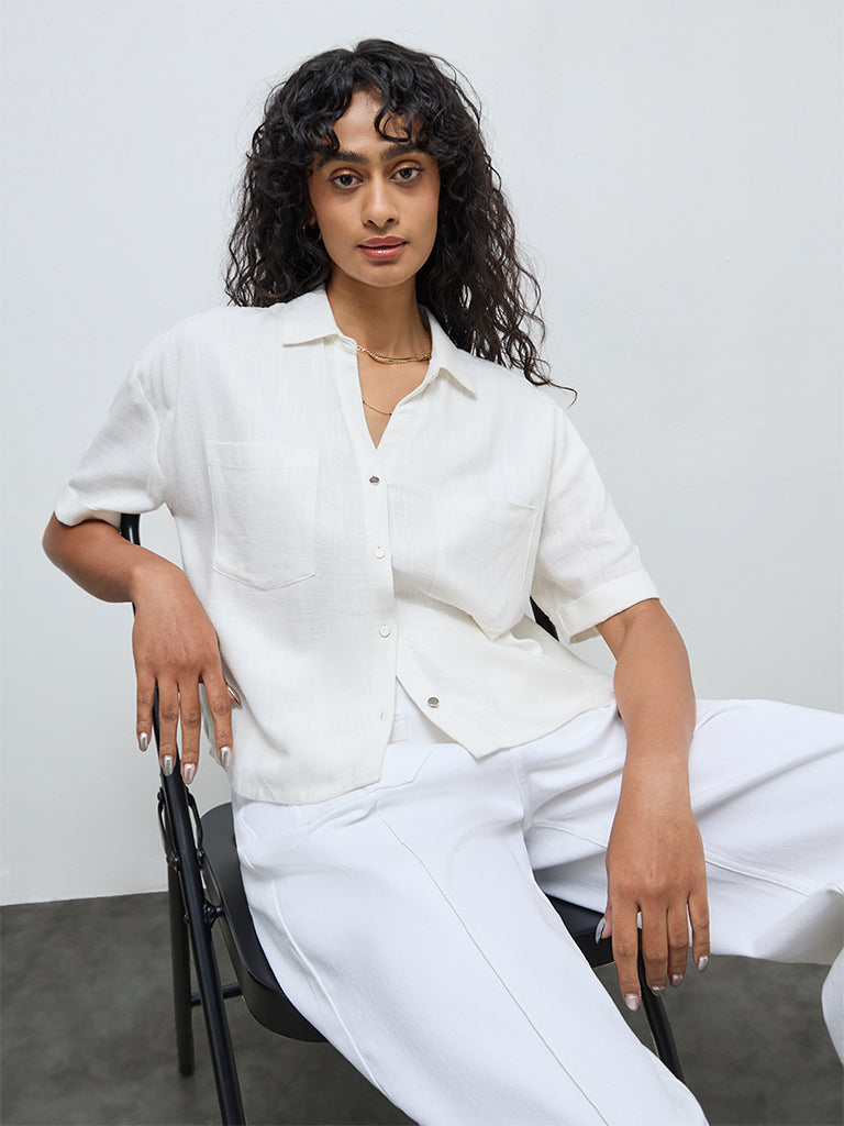 LOV White Solid Linen-Blend Shirt