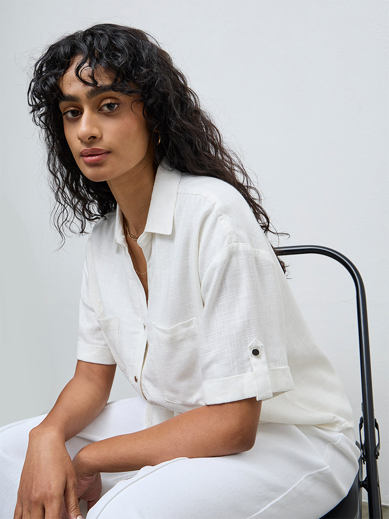 LOV White Solid Linen-Blend Shirt