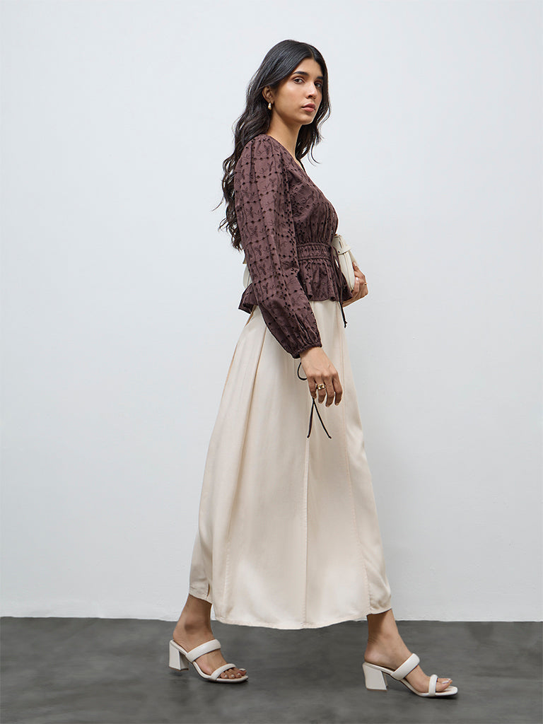 LOV Dark Brown Schiffli Embroidered Cotton Peplum Top