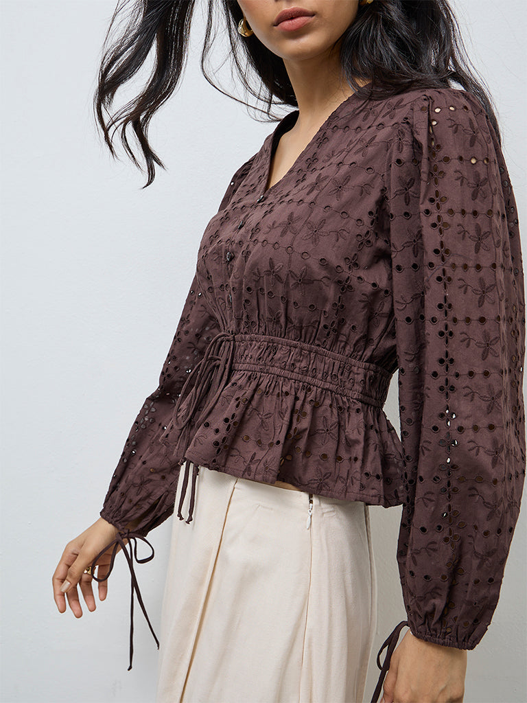 LOV Dark Brown Schiffli Embroidered Cotton Peplum Top