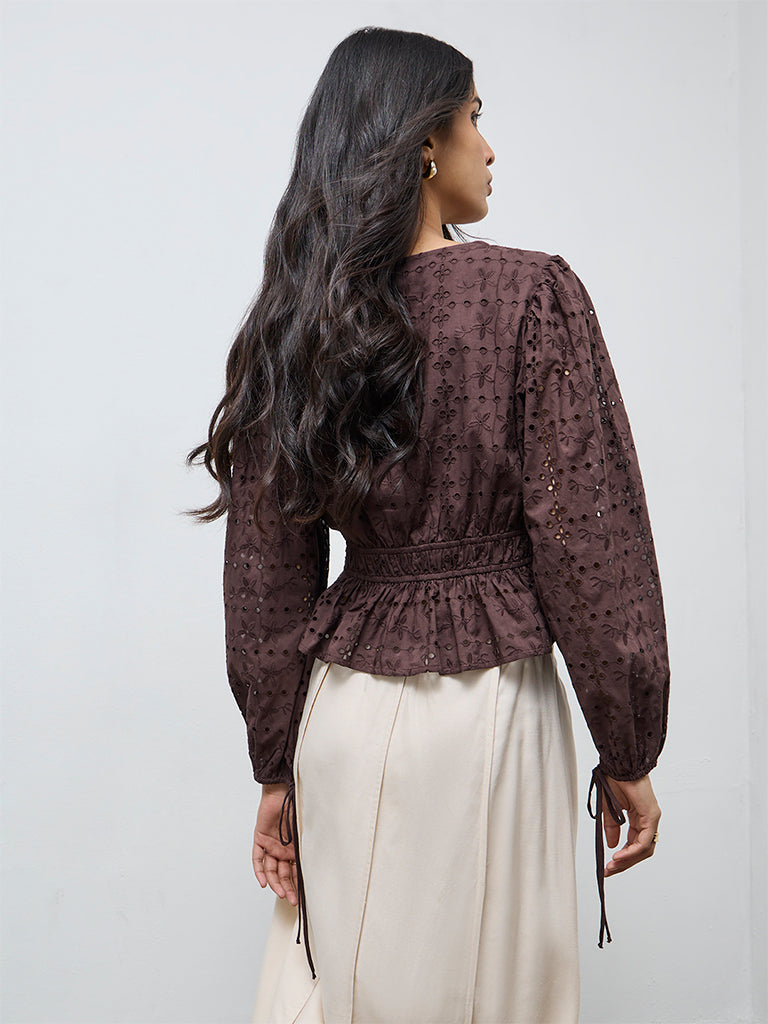 LOV Dark Brown Schiffli Embroidered Cotton Peplum Top