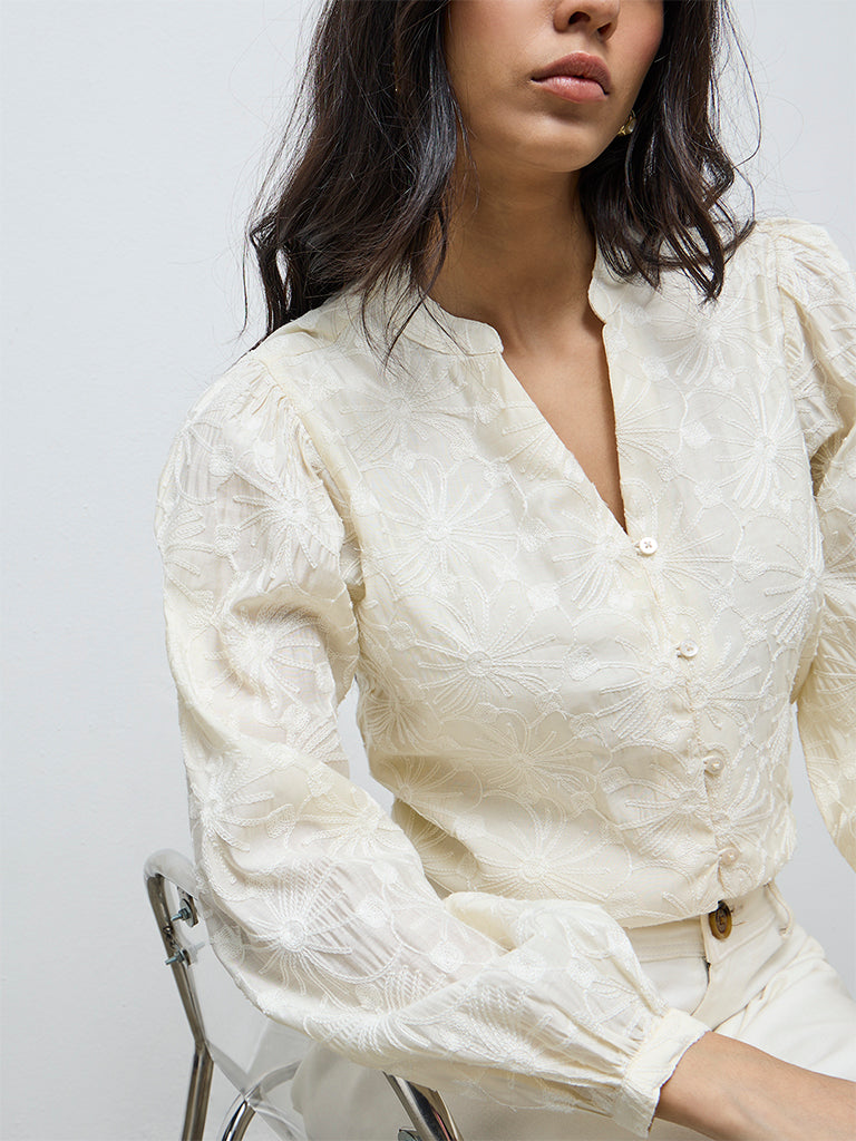 LOV Cream Floral Embroidered Blouse