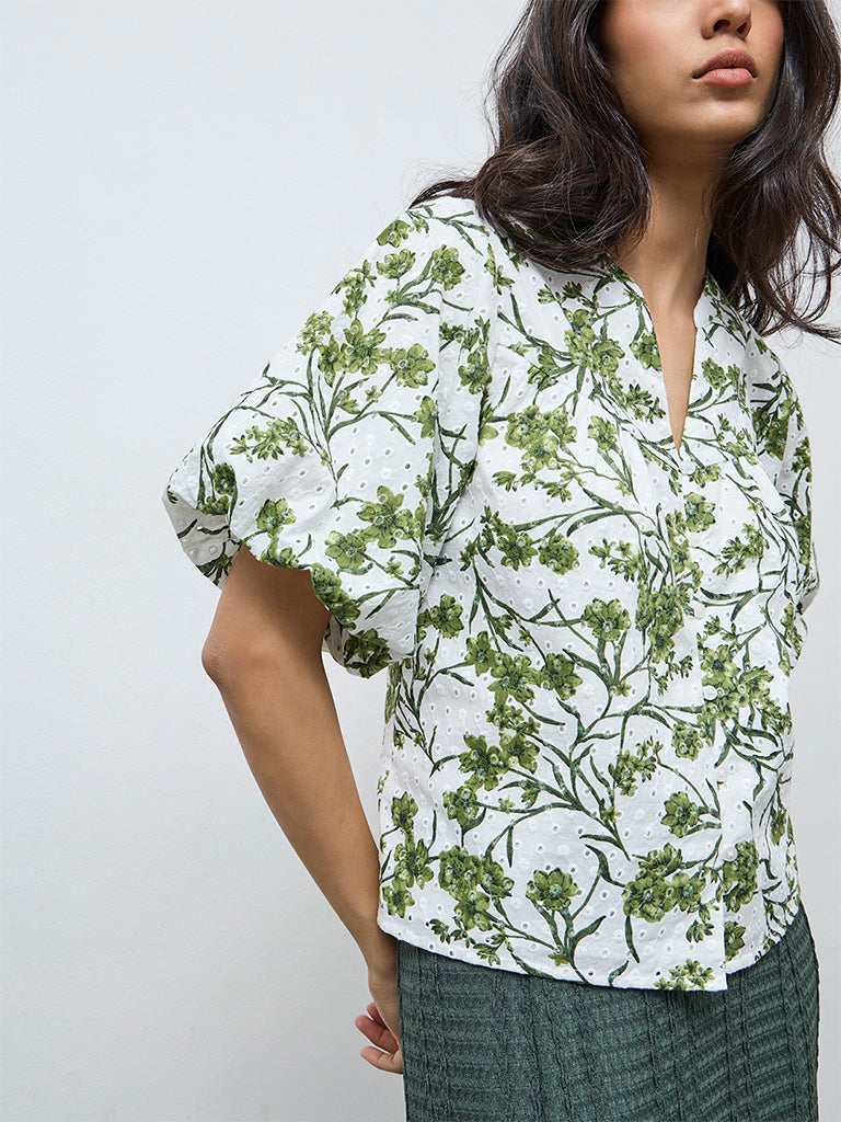 LOV Off-White Foliage Printed Cotton Blouse