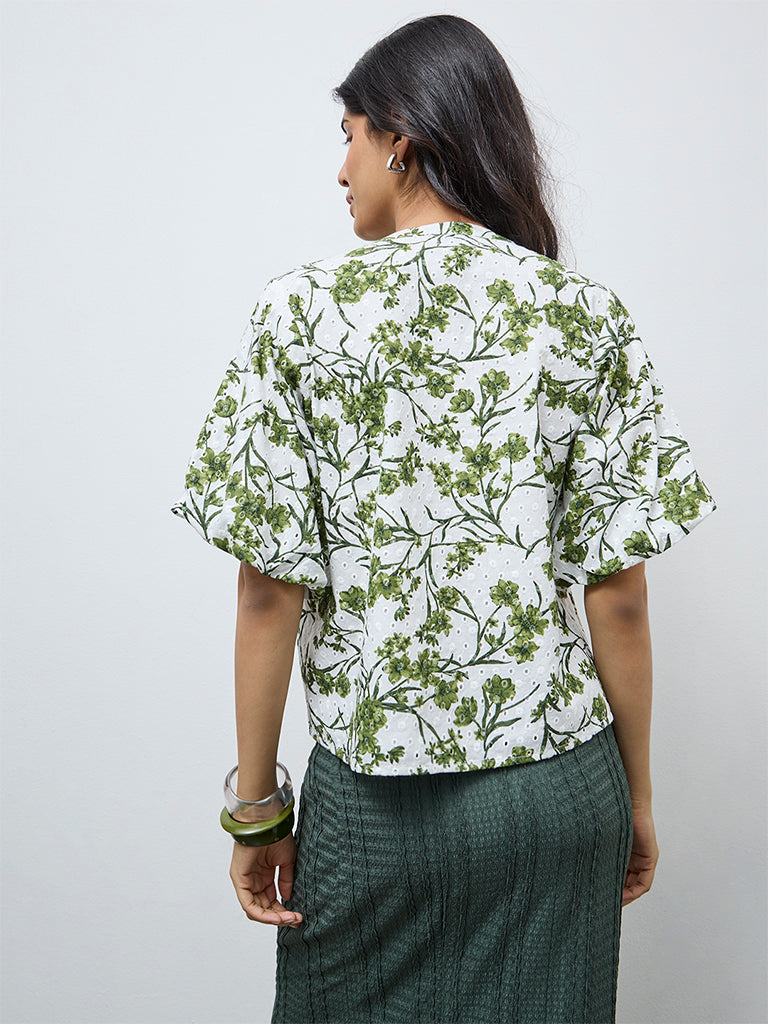 LOV Off-White Foliage Printed Cotton Blouse