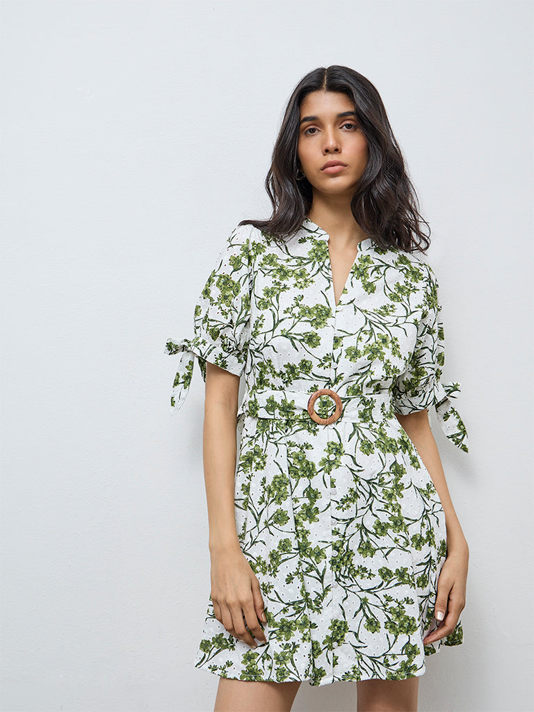LOV White Foliage Printed Cotton A-Line Dress