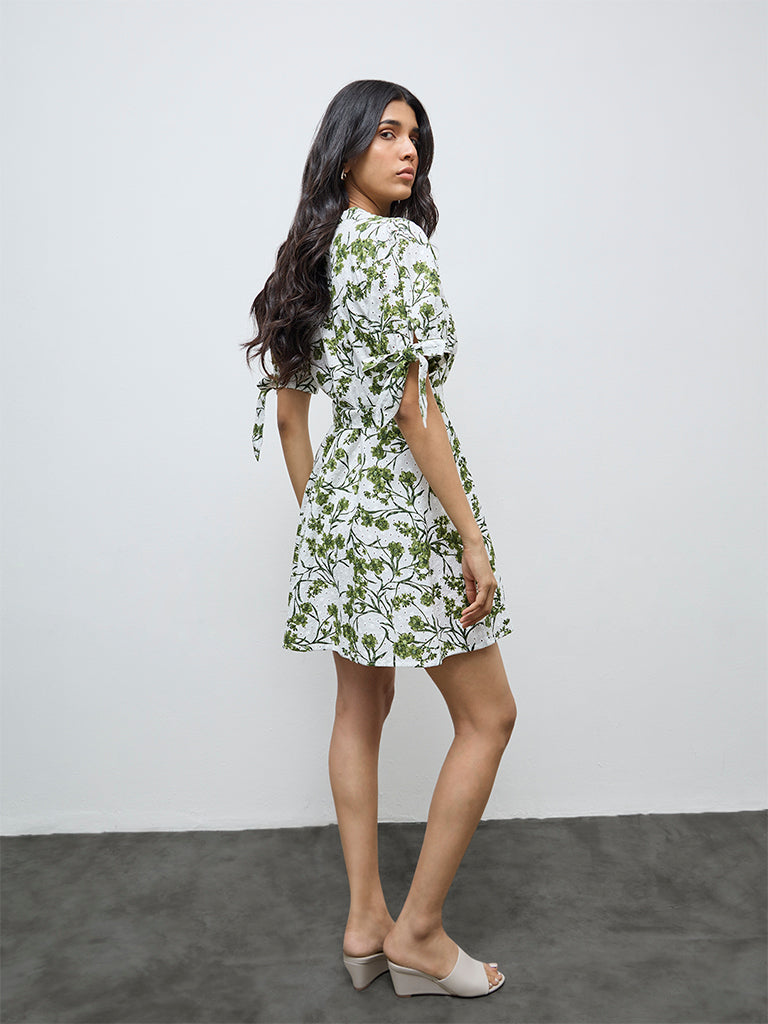 LOV White Foliage Printed Cotton A-Line Dress