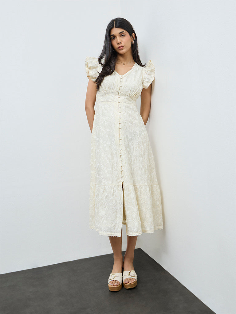 LOV Off-White Floral Embroidered Cotton  A-Line Dress