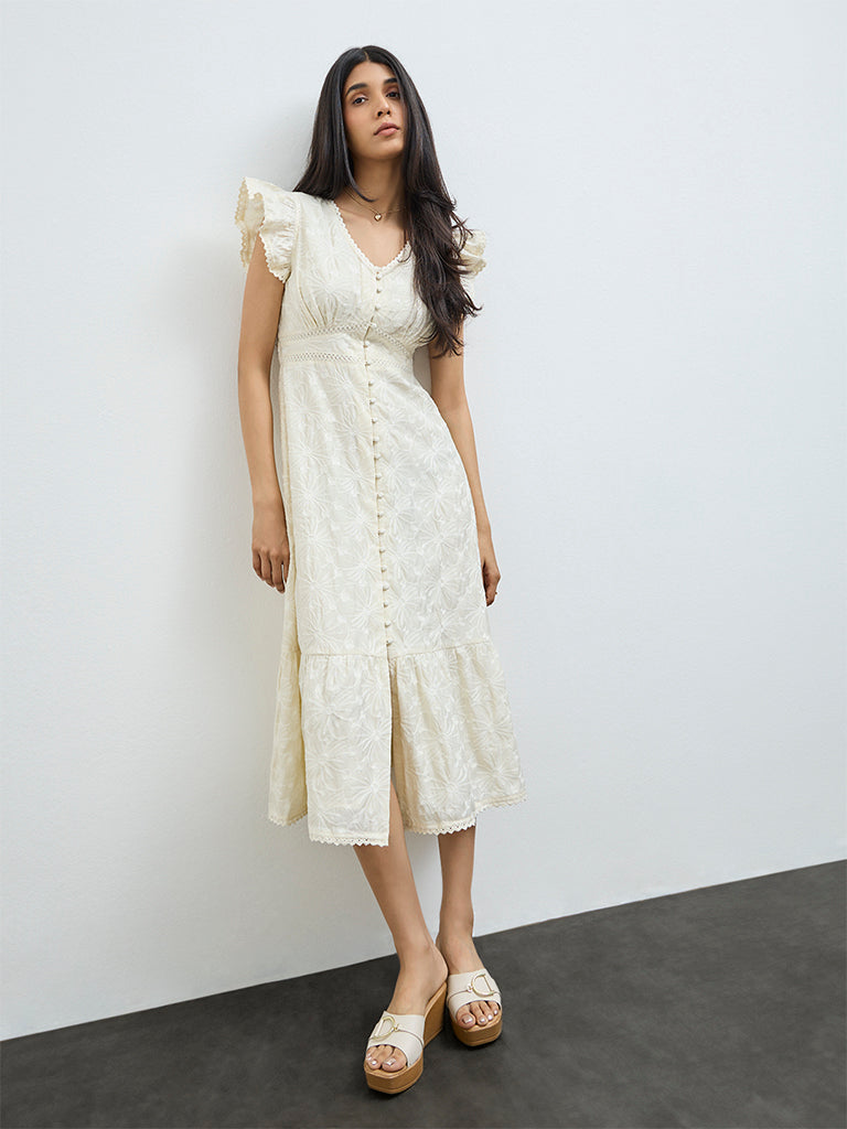 LOV Off-White Floral Embroidered Cotton  A-Line Dress