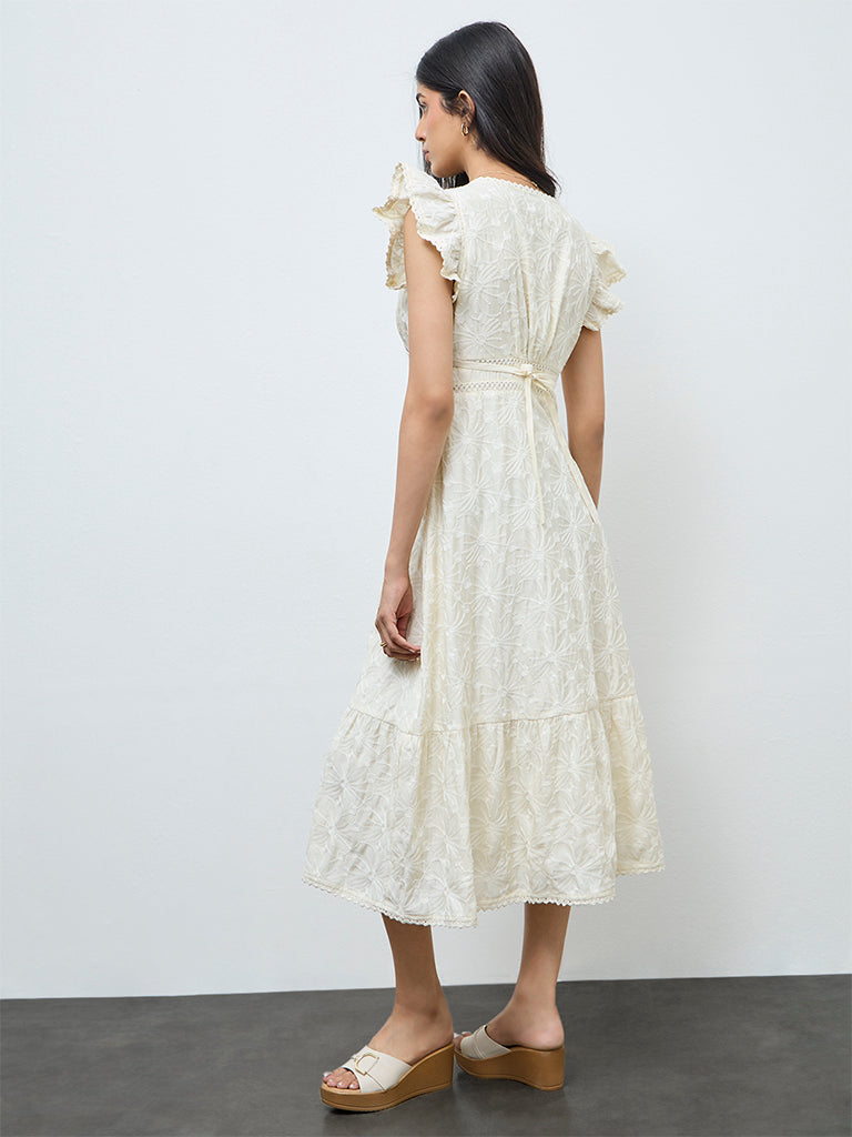 LOV Off-White Floral Embroidered Cotton  A-Line Dress