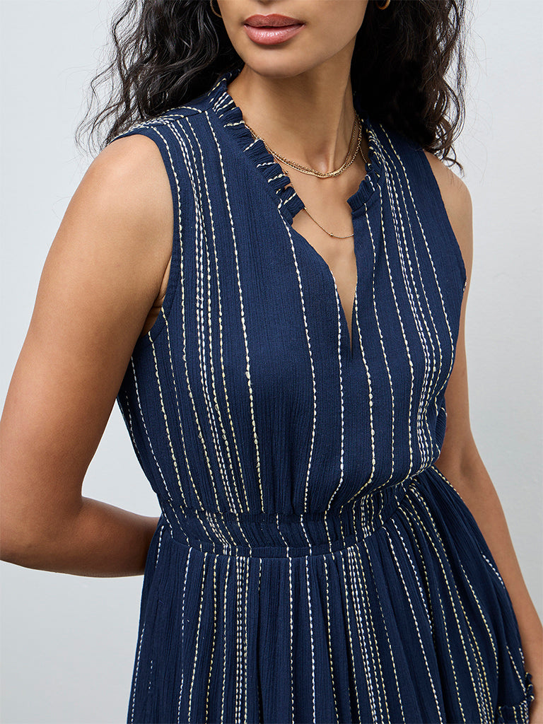Buy LOV Navy Striped Embroidered Cotton Tiered Dress from Westside