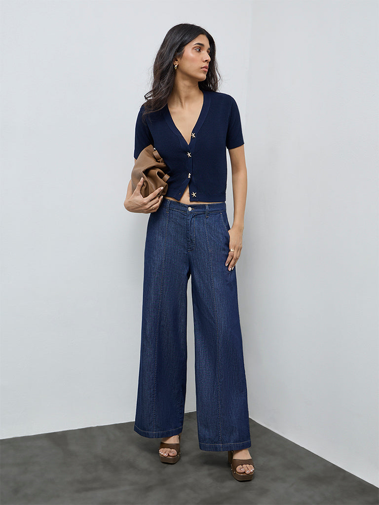 LOV Navy Popcorn Knit-Textured Cardigan