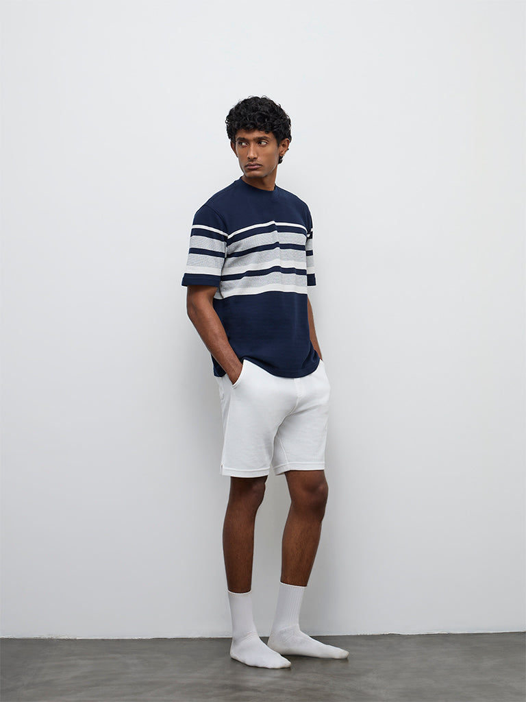 WES Lounge Navy Striped Relaxed-Fit Cotton-Blend T-Shirt