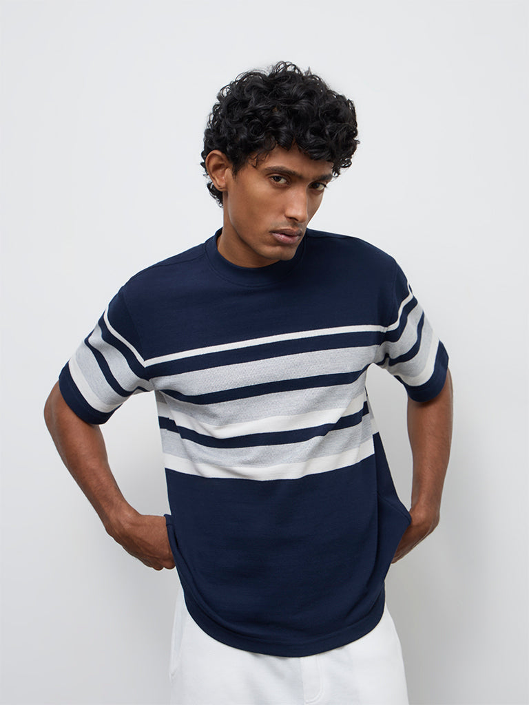 WES Lounge Navy Striped Relaxed-Fit Cotton-Blend T-Shirt