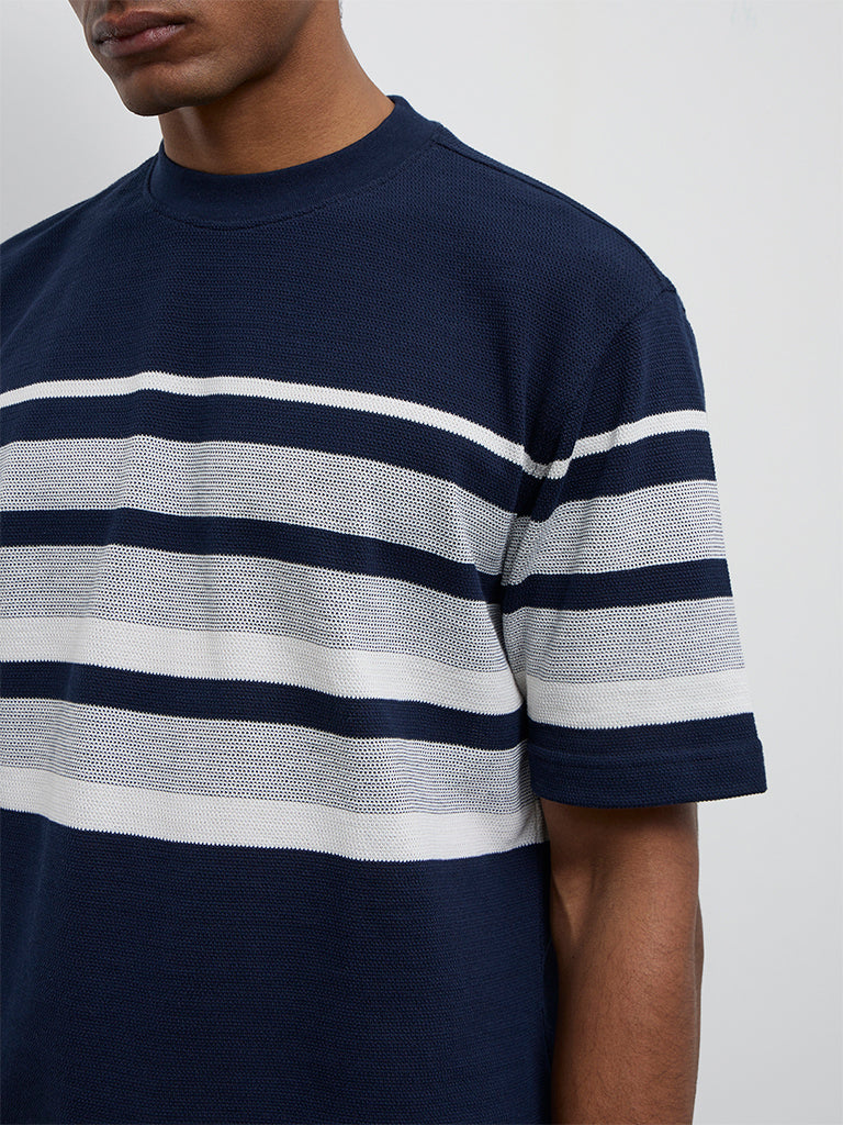 WES Lounge Navy Striped Relaxed-Fit Cotton-Blend T-Shirt