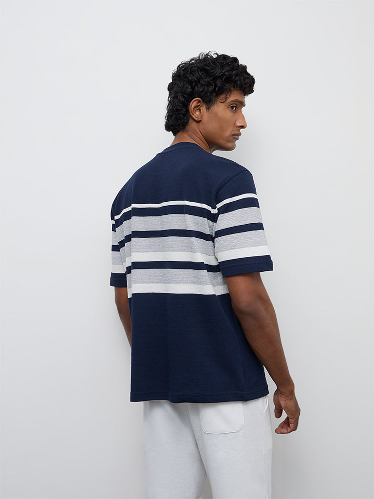 WES Lounge Navy Striped Relaxed-Fit Cotton-Blend T-Shirt