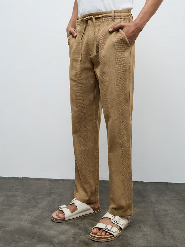 ETA Taupe Textured Relaxed-Fit Mid-Rise Cotton Chinos