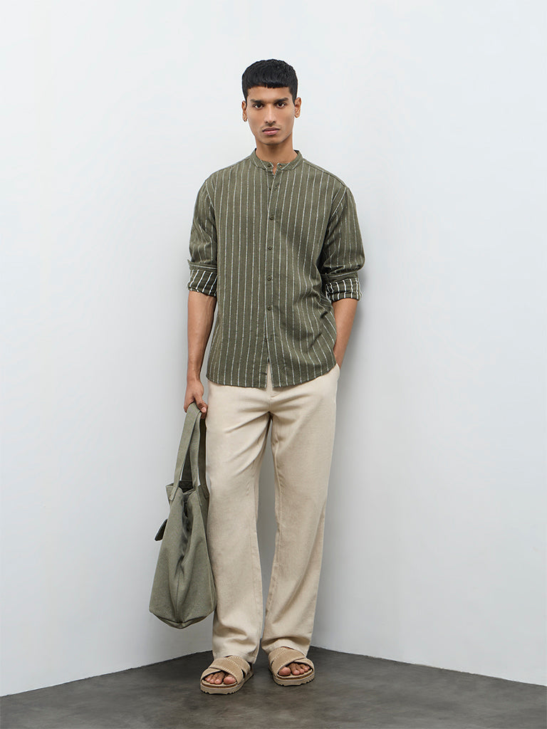 ETA Olive Stripe Embroidered Relaxed-Fit Cotton Shirt