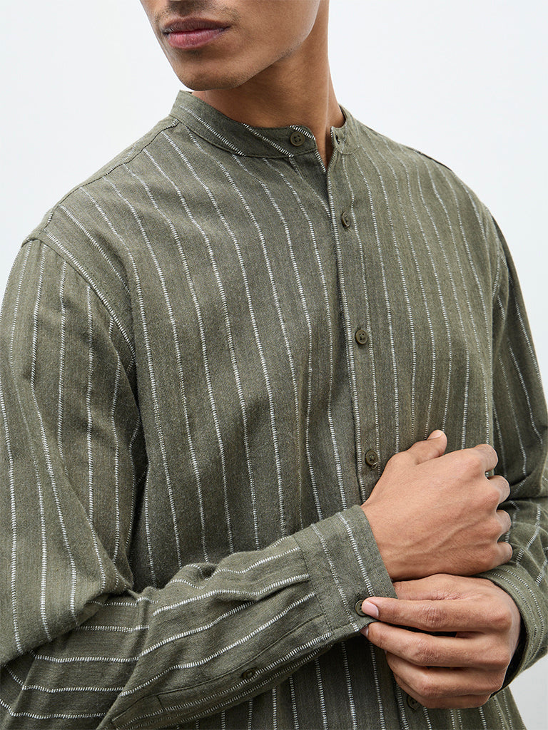 ETA Olive Stripe Embroidered Relaxed-Fit Cotton Shirt
