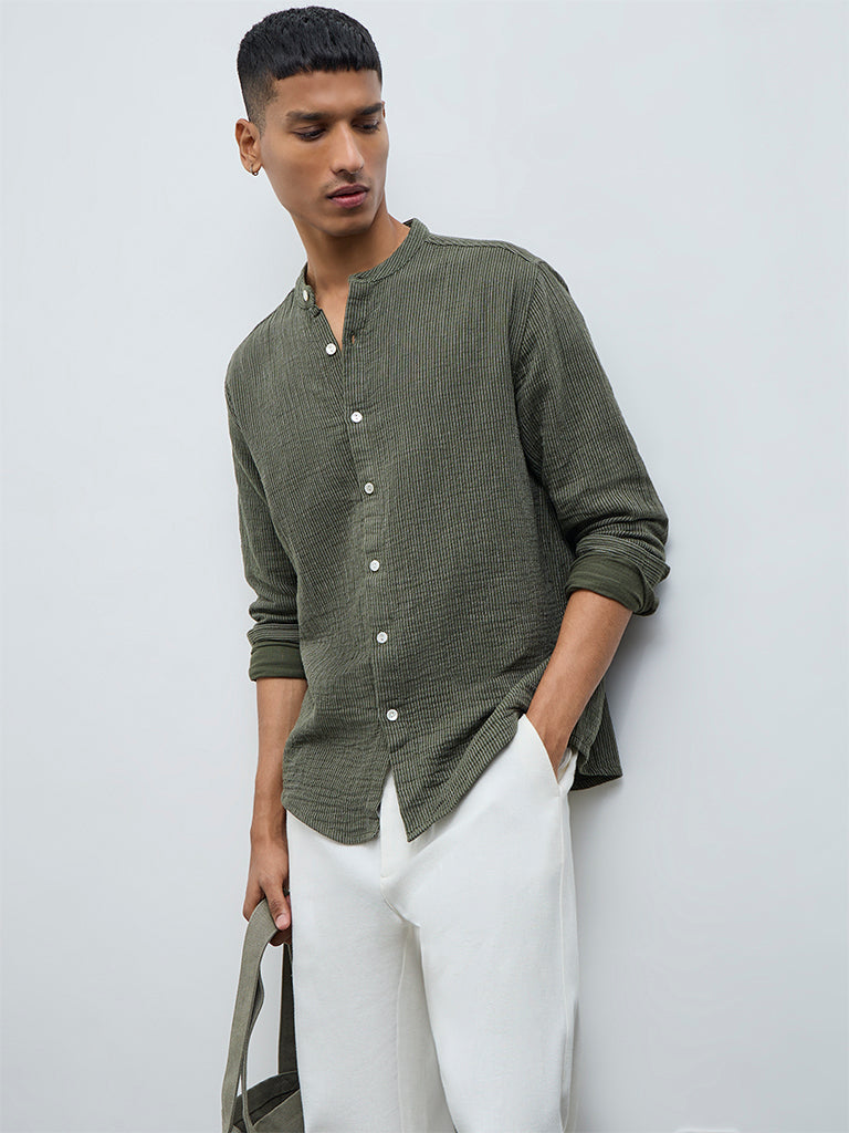 ETA Olive Striped Relaxed-Fit Cotton Shirt