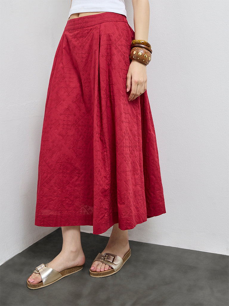 Bombay Paisley Red Embroidered Cotton Skirt