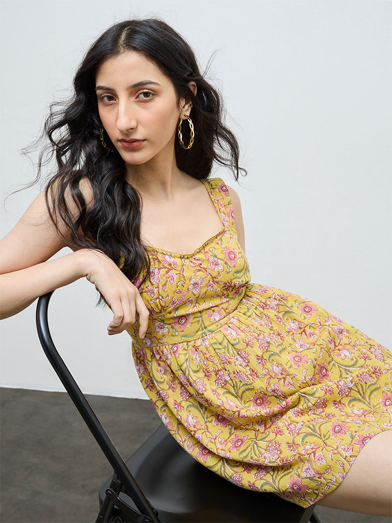 Bombay Paisley Yellow Floral Cotton A-Line Dress