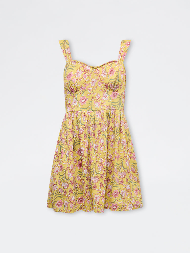 Bombay Paisley Yellow Floral Cotton A-Line Dress