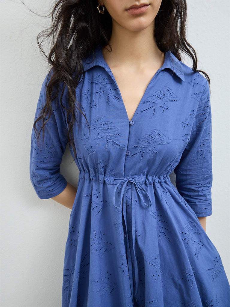 Bombay Paisley Blue Schiffli Embroidered A-Line Dress