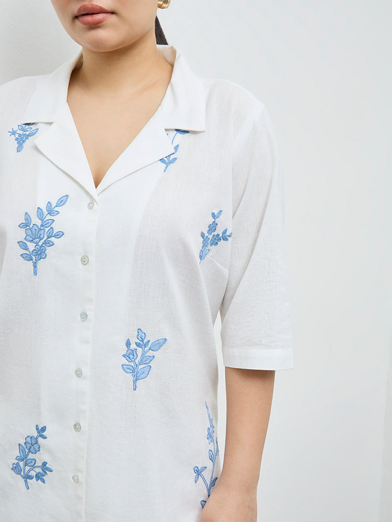 Diza White Floral Embroidered Cotton-Blend Tunic