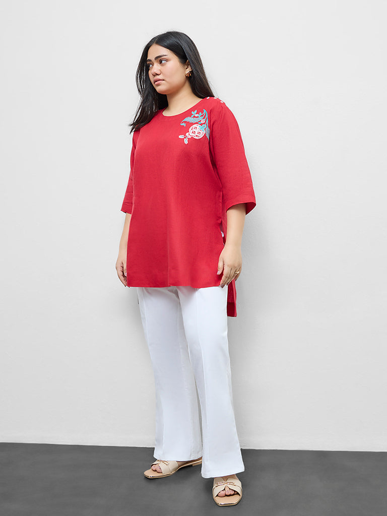 Diza Red Floral Embroidered Linen Tunic