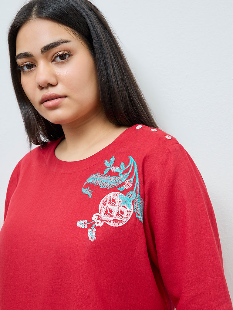 Diza Red Floral Embroidered Linen Tunic