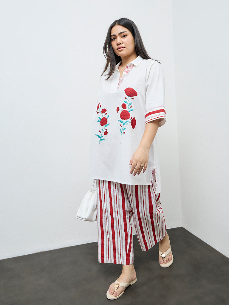 Diza White Floral Embroidered Cotton Tunic