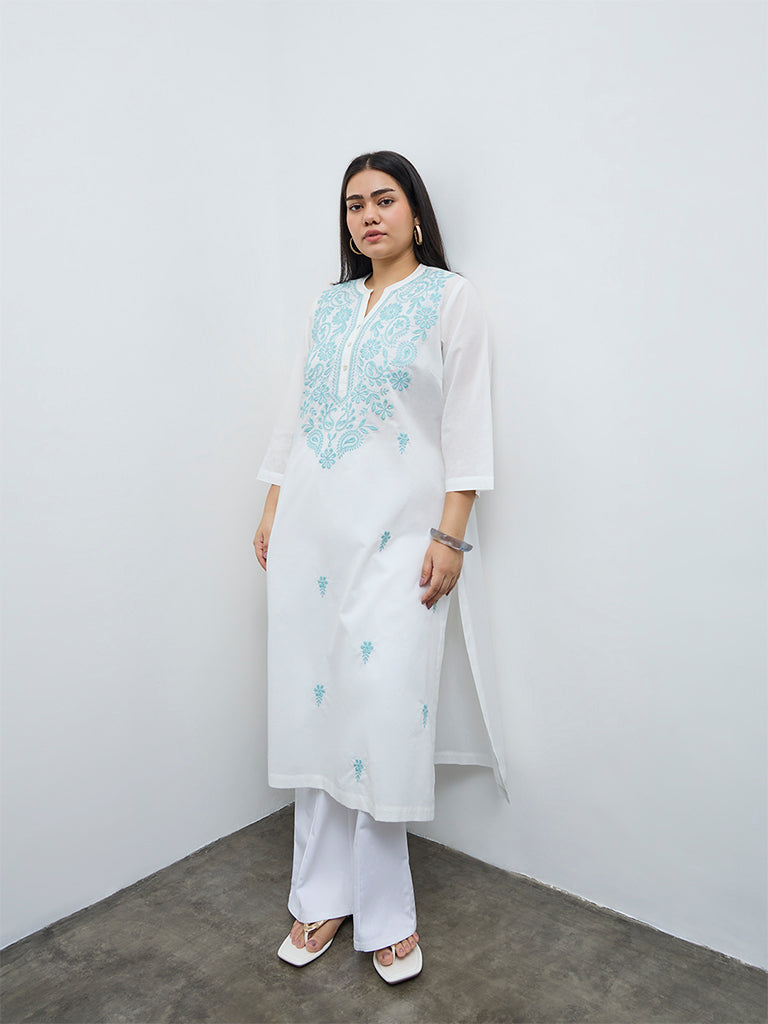 Diza White Embroidered Cotton A-Line Kurta