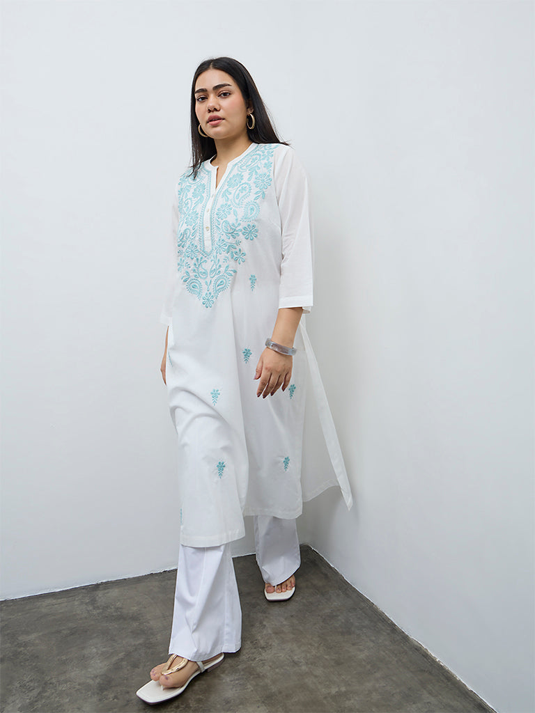 Diza White Embroidered Cotton A-Line Kurta