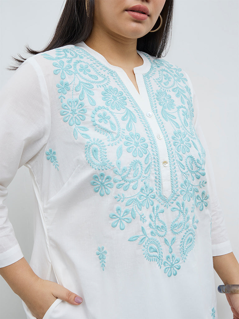 Diza White Embroidered Cotton A-Line Kurta
