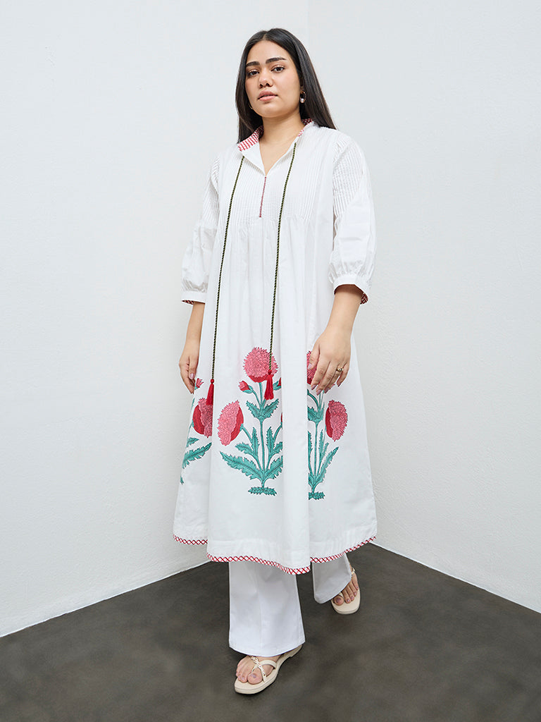 Diza White Floral Cotton A-Line Kurta