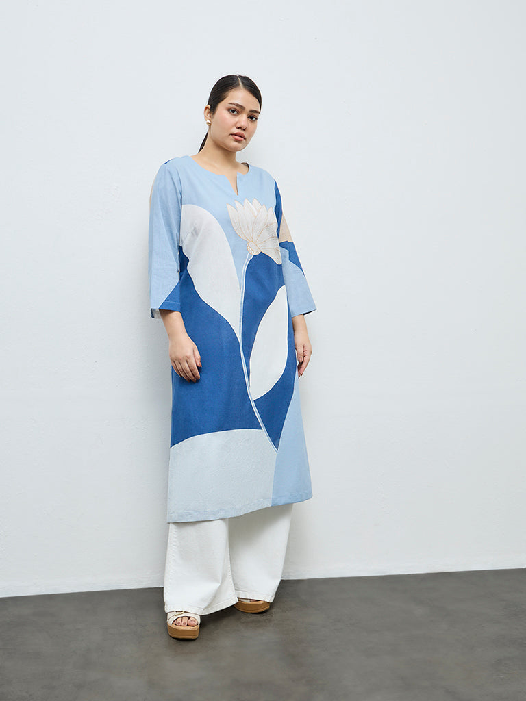Diza Turquoise Floral Detailed Cotton-Blend A-Line Kurta