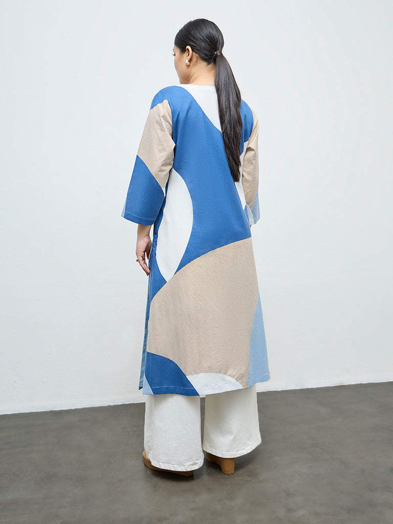 Diza Turquoise Floral Detailed Cotton-Blend A-Line Kurta