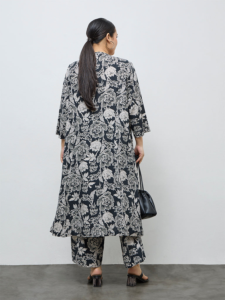 Diza Black Botanical Design A-Line Kurta