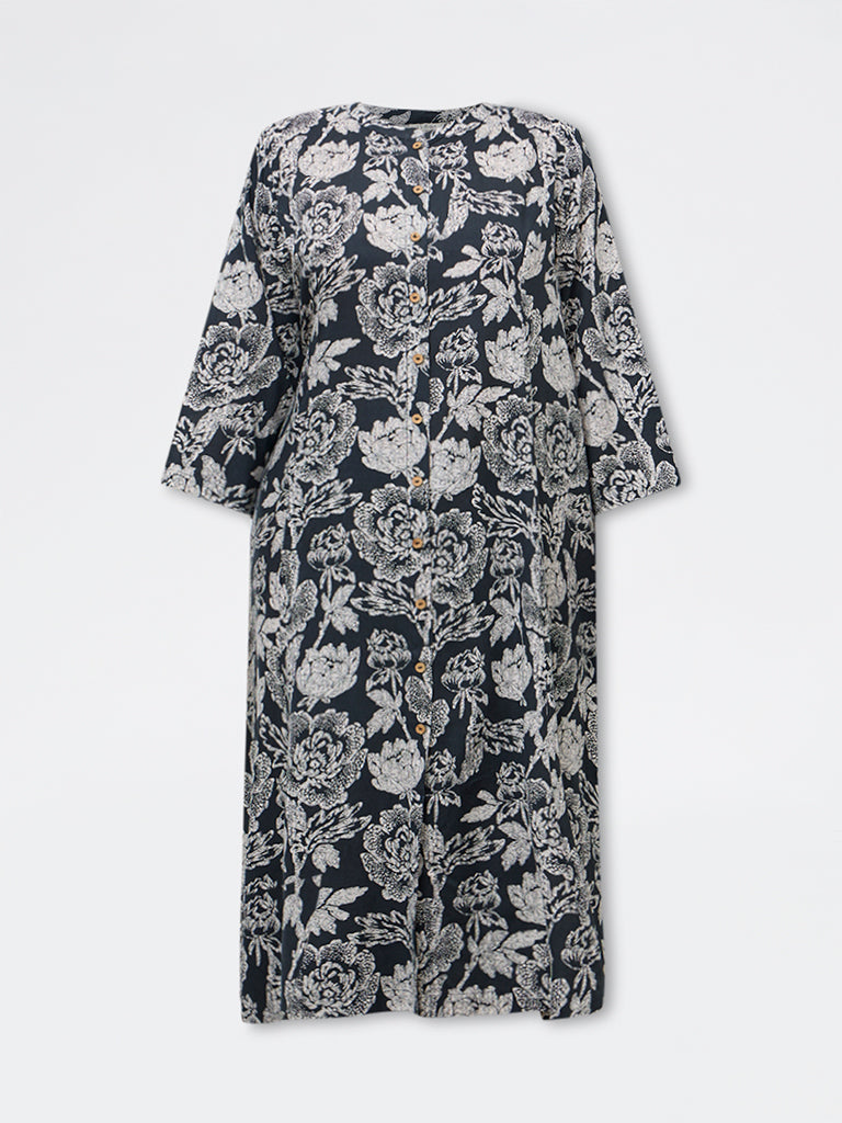 Diza Black Botanical Design A-Line Kurta