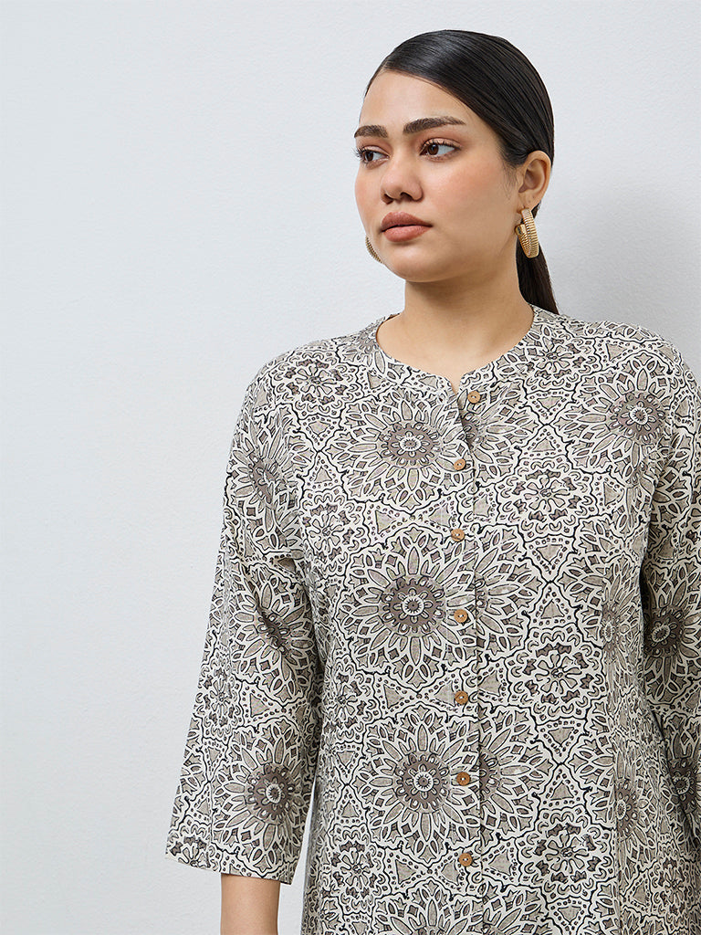 Diza Taupe Floral Design A-Line Kurta