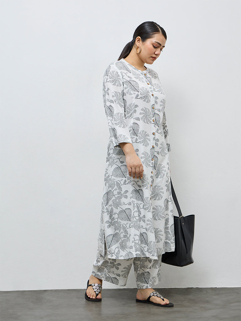 Diza White Leaf Design A-Line Kurta