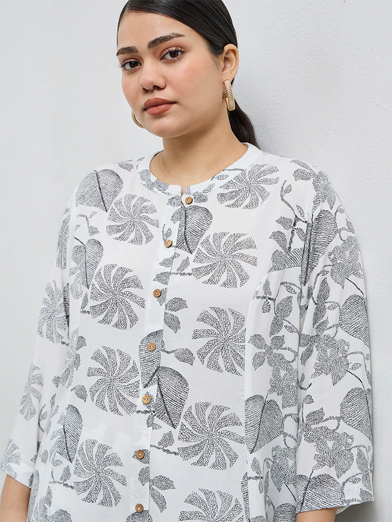 Diza White Leaf Design A-Line Kurta