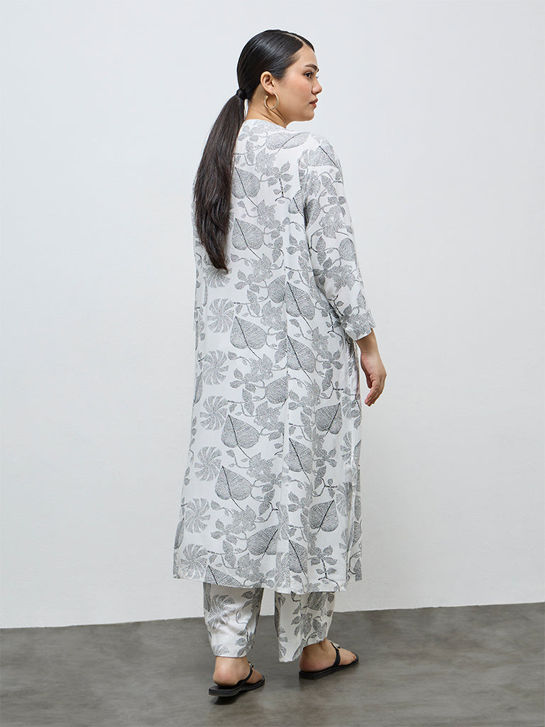 Diza White Leaf Design A-Line Kurta