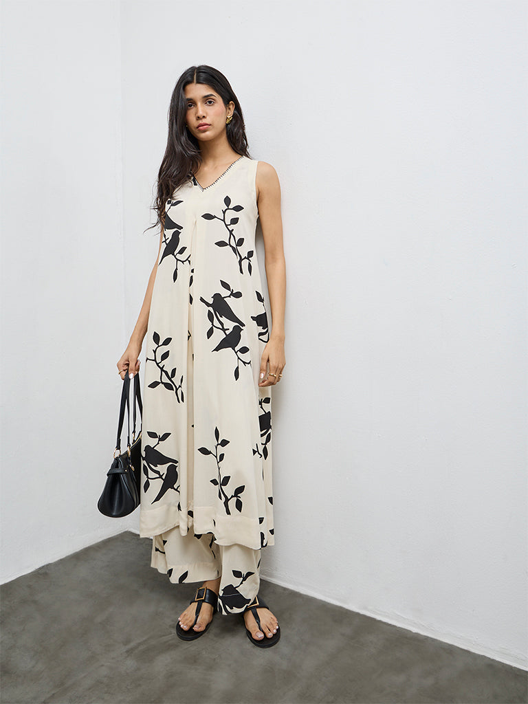 Utsa Off-White Foliage Design A-Line Kurta
